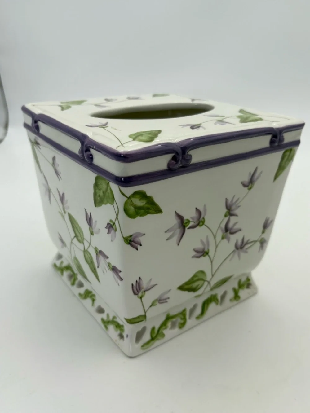 Veratex Violets Floral Ceramic Tissue Box Cover in White with Purple Trim